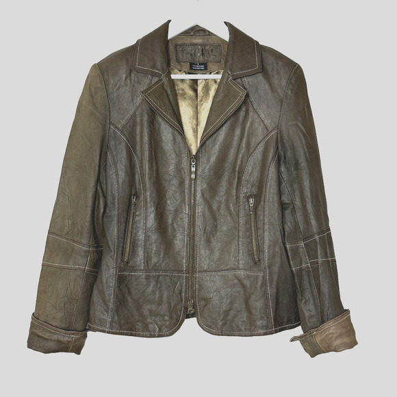 Tribal Leather Full Zip Collared Jacket Brown Women 8 Zip Pockets Leather Cuffed - Picture 1 of 11